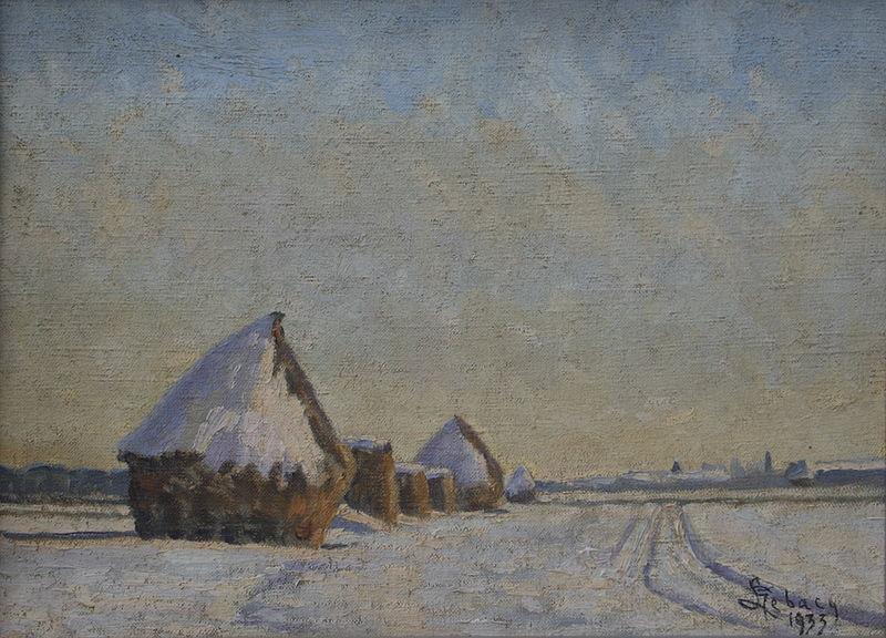 Meules à Chamant en Hiver par Georges-Émile Lebacq, 1928,huile sur toile, 24,5 × 33,5 cm